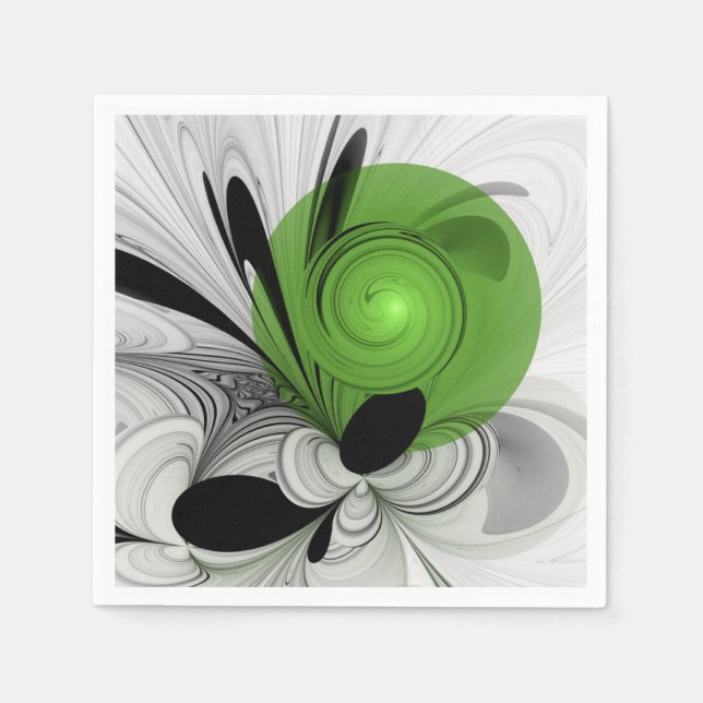 Serviette En Papier Art fractal abstrait noir et blanc avec vert (Devant)