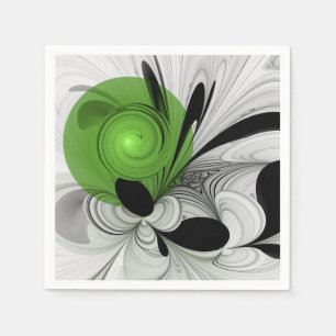 Serviette En Papier Art fractal abstrait noir et blanc avec vert
