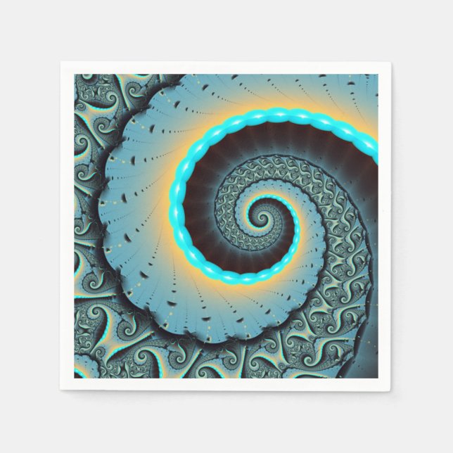 Serviette En Papier Art fractal spirale abstrait bleu turquoise orange (Devant)