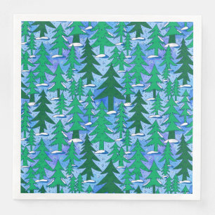 Serviette En Papier Art Naïf Forêt de Sapins Hiver Vert Bleu