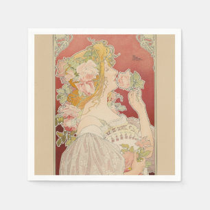 Serviette En Papier Art Nouveau Belle Époque Dame Roses Livemont