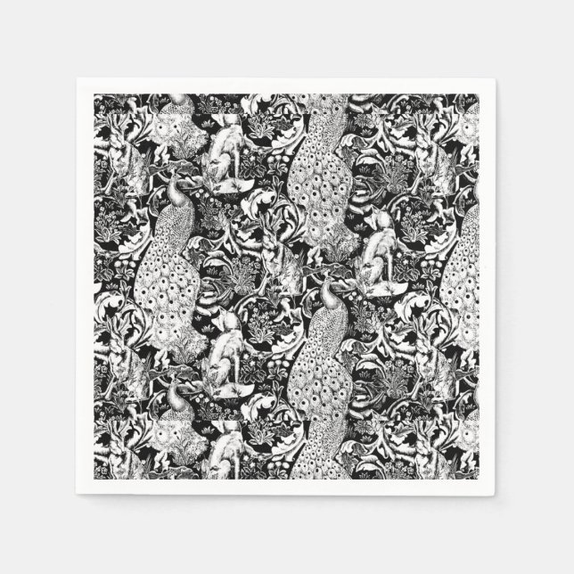 Serviette En Papier Art Nouveau Peacock Print, noir et blanc (Devant)