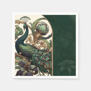 Serviette En Papier Art Nouveau Vert Émeraude Vintage Paon Mariage