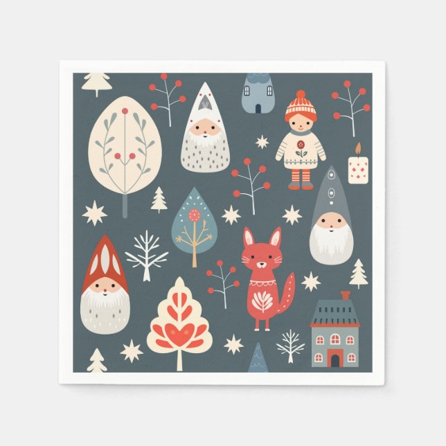 Serviette En Papier Art populaire scandinave avec génomes de Noël (Devant)