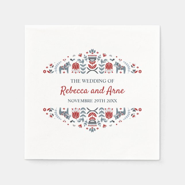 Serviette En Papier Art populaire scandinave | Mariage personnalisé (Devant)