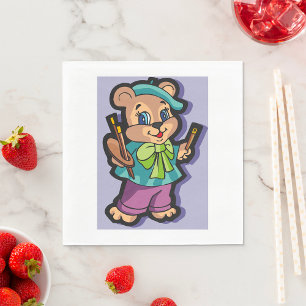 Serviette En Papier Artiste Ourson avec Béret et Pinceaux