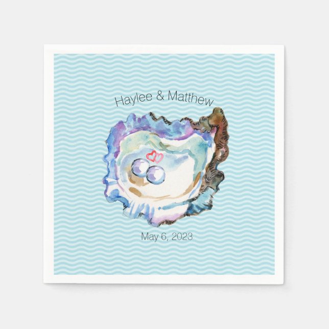 Serviette En Papier Artsy bleu Oyster 2 Perles Coeurs Papier Napkin (Devant)