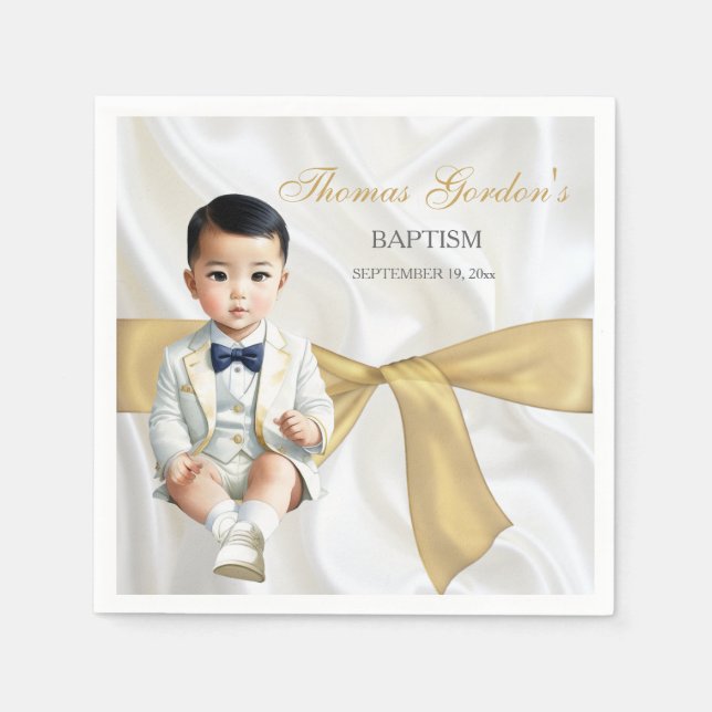 Serviette En Papier Asiatique Baby Boy Baptême Christening Blanc & Or (Devant)