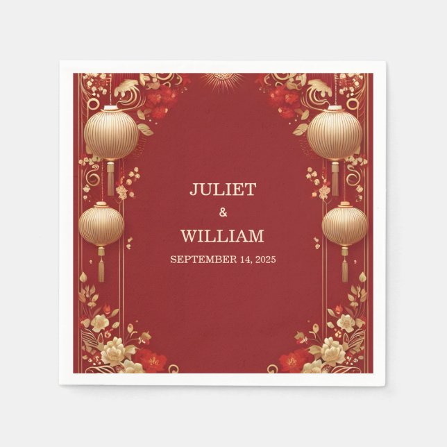 Serviette En Papier Asiatique Moderne Floral Chinois Bilingue Mariage (Devant)