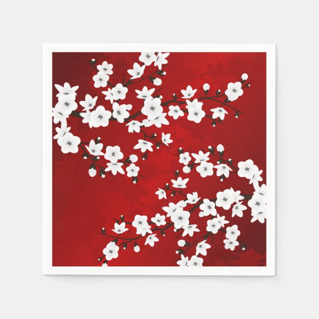 Serviette En Papier Asie Floral blanc cerisier rouge (Devant)