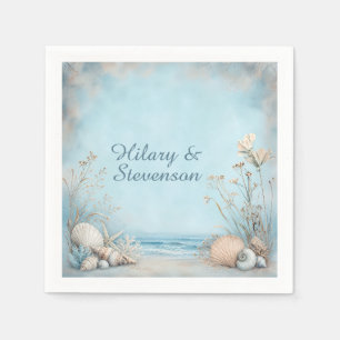Serviette En Papier Aspect Vieilli Coquillages Bleu Beige Blanc