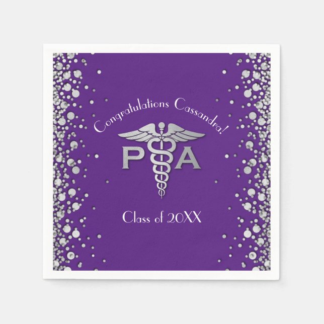 Serviette En Papier Assistant de médecin PA Diplômé Violet Argent (Devant)