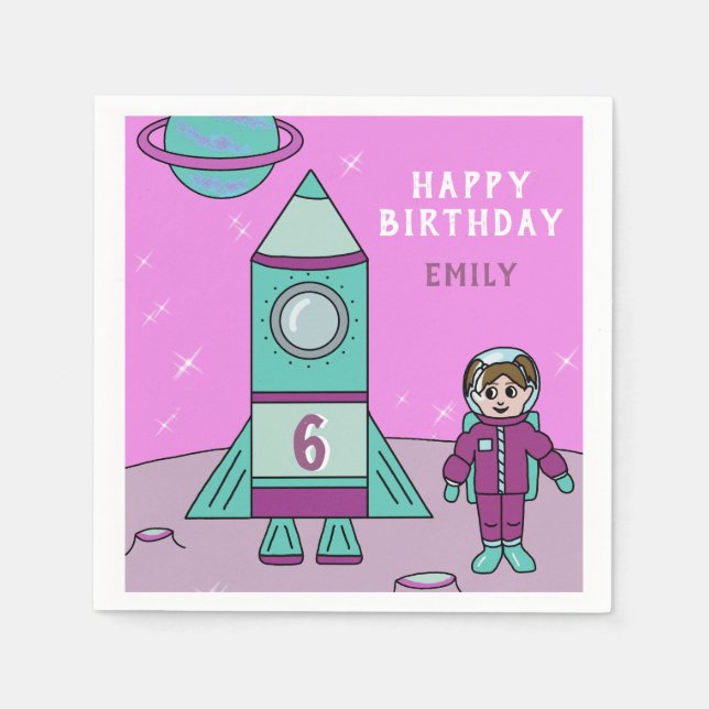 Serviette En Papier Astronaut Girl and Rocket Moon Space Anniversaire (Devant)