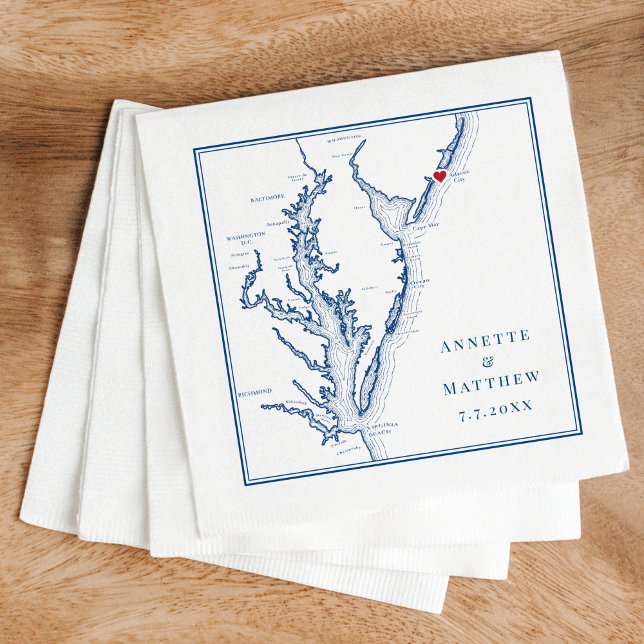Serviette En Papier Atlantic City NJ Elegant Marine Blue Map Mariage (These Atlantic City, NJ wedding napkins are perfect for your Jersey Shore destination wedding)