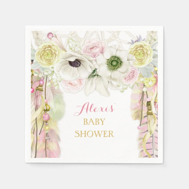Serviette En Papier Attrape-rêve Boho Plumes Rose Jaune (Devant)