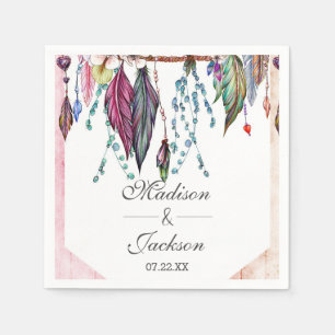 Serviette En Papier Attrape-rêves Boho & Plumes Mariage Monogramme Ros