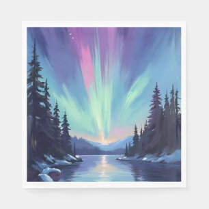 Serviette En Papier Aurore Boréale   Aquarelle Lumières du Nord