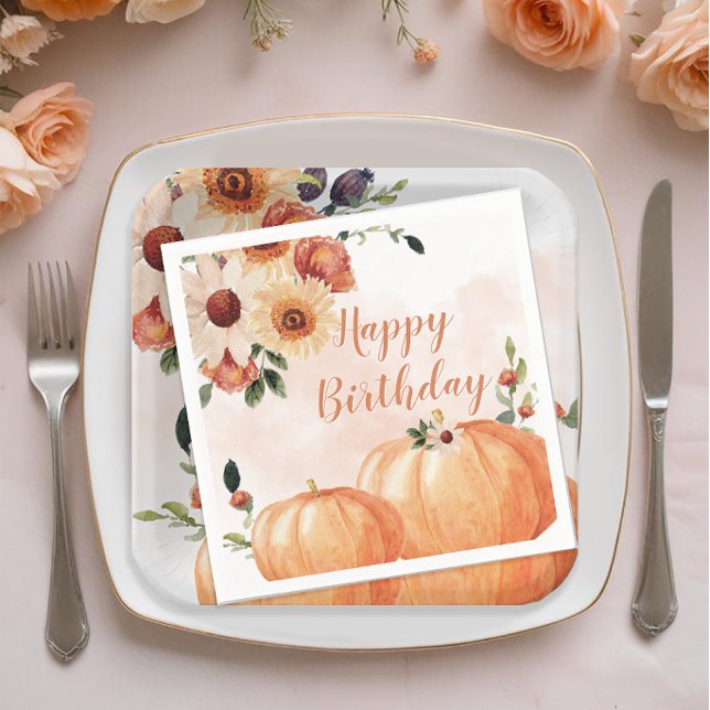 Serviette En Papier Automne Aquarelle Citrouille Floral Anniversaire (Fall Floral Birthday Party Napkins)