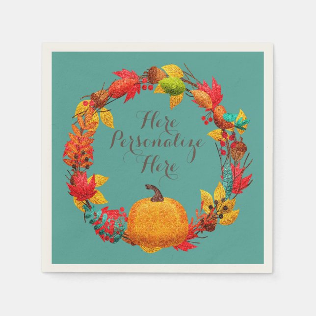 Serviette En Papier Automne citrouille automne feuille wreath turquois (Devant)