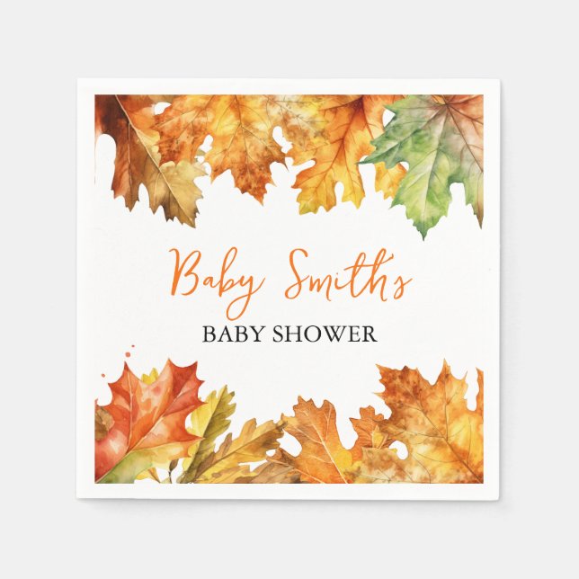 Serviette En Papier Automne Feuilles Aquarelle Personnalisée Nom du bé (Devant)