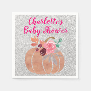 Serviette En Papier Automne Floral Citrouille Baby shower rose argent