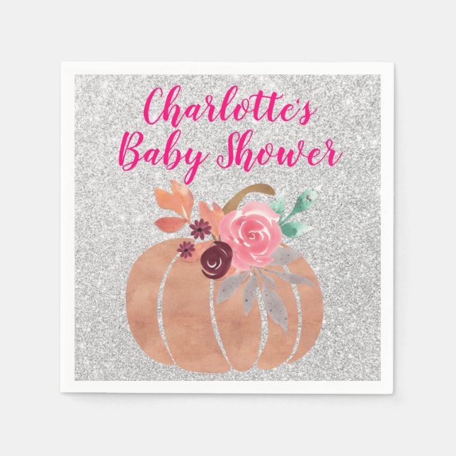 Serviette En Papier Automne Floral Citrouille Baby shower rose argent (Devant)