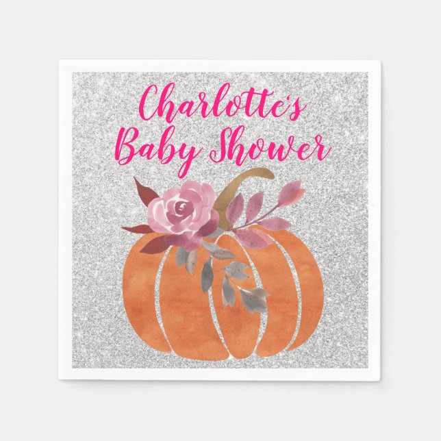 Serviette En Papier Automne Floral Citrouille Baby shower rose argent (Devant)