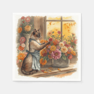 Serviette En Papier Automne Siamese Chat fleuriste arranger des fleurs