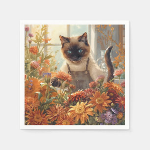 Serviette En Papier Automne Siamese Chat fleuriste arranger des fleurs