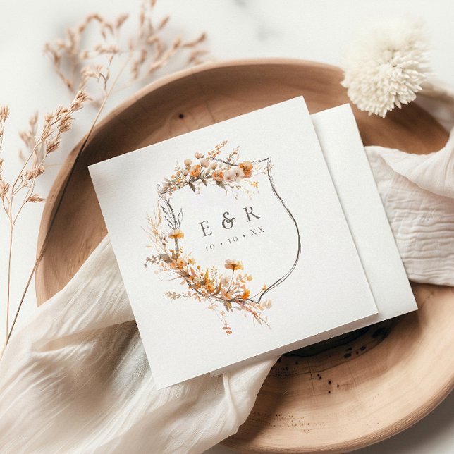 Serviette En Papier Automne Terracotta Floral Crest Monogramme Mariage (Créateur téléchargé)