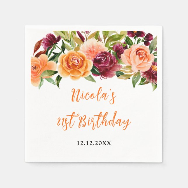 Serviette En Papier Autumn Burgundy and Orange Floral Birthday (Devant)