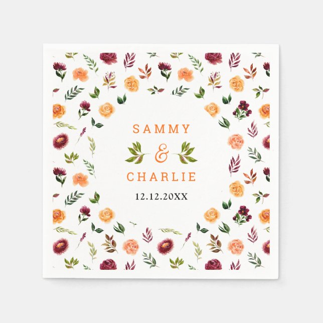 Serviette En Papier Autumn Burgundy and Orange Floral Wedding (Devant)