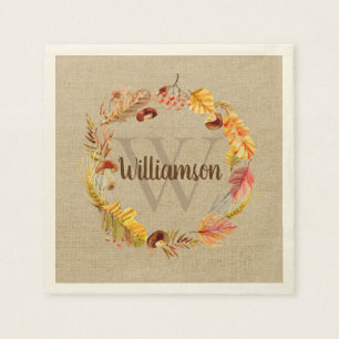 Serviette En Papier Autumn Leaf Wreath Custom Monogramme Thankgiving