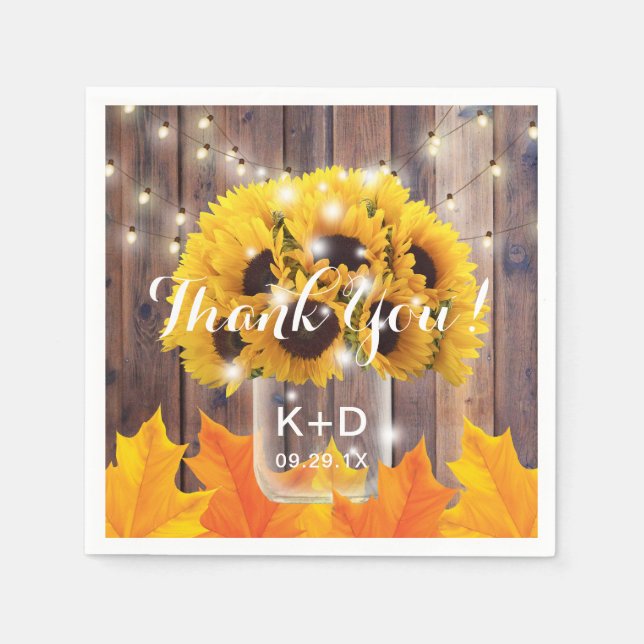 Serviette En Papier Autumn Sunflower Jar String lumières Mariage rusti (Devant)