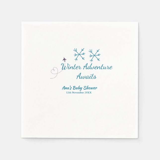 Serviette En Papier Aventure d'hiver attend bébé fête bleu flocon de n (Devant)