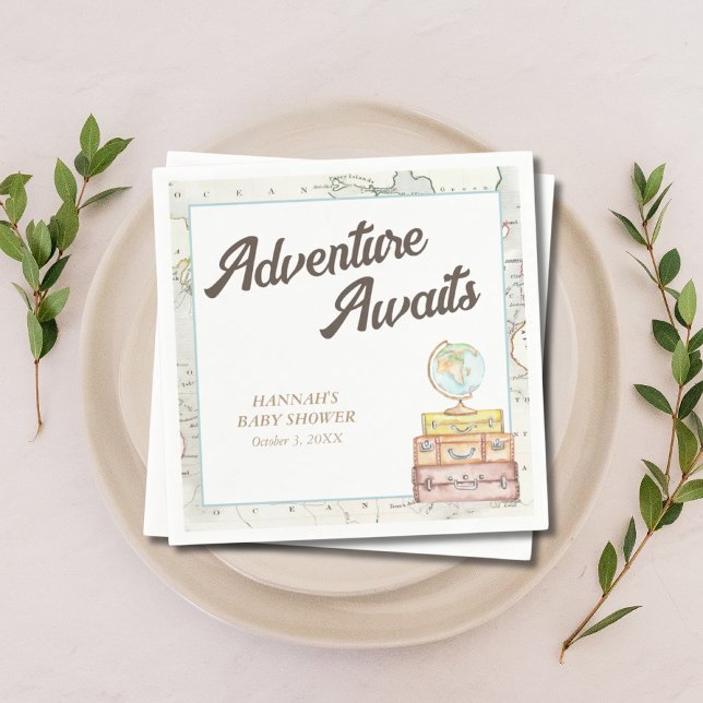 Serviette En Papier Aventure personnalisée Attend Baby shower serviett (Personalized Adventure Awaits Baby Shower Napkins)