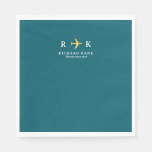 Serviette En Papier Avion avec initiales du pilote - bleu sarcelle fon
