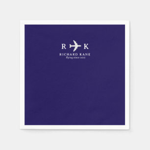 Serviette En Papier Avion avec initiales - Logo pilote bleu