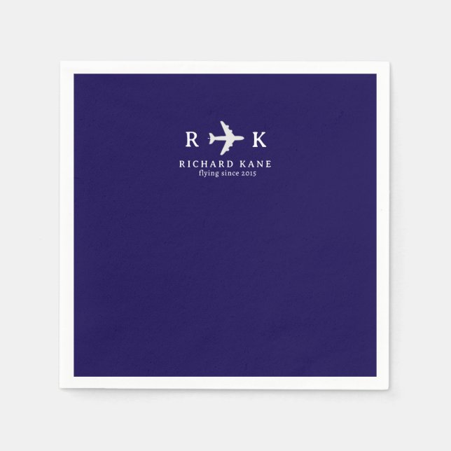 Serviette En Papier Avion avec initiales - Logo pilote bleu (Devant)