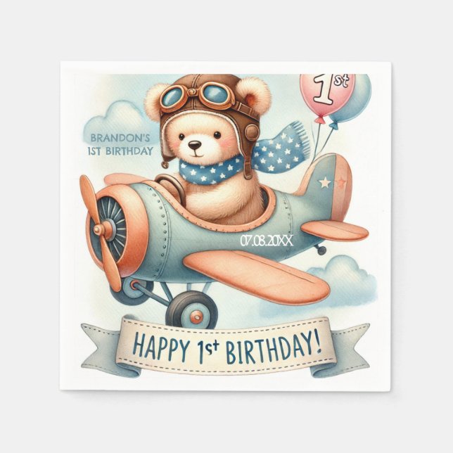 Serviette En Papier Avion Boy Bear 1ère fête d'anniversaire (Devant)