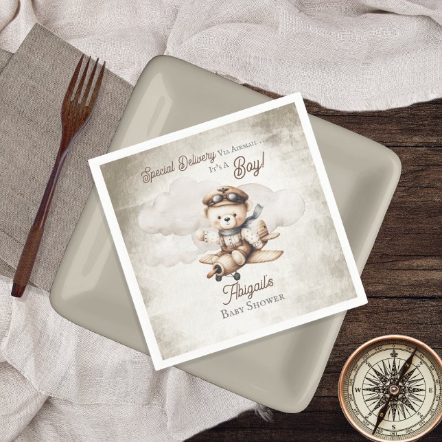 Serviette En Papier Avion Teddy Bear Baby shower de livraison spécial (Cute "Special Delivery Via Airmail . . . It's A Boy!" Teddy Bear Airplane Baby Shower Paper Napkins)