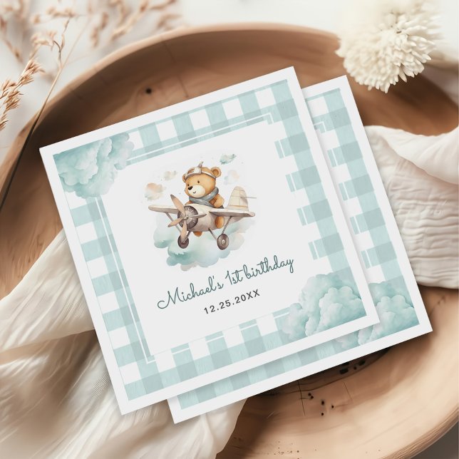 Serviette En Papier Avion Teddy Bear Pastel En vichy 1er anniversaire (Créateur téléchargé)