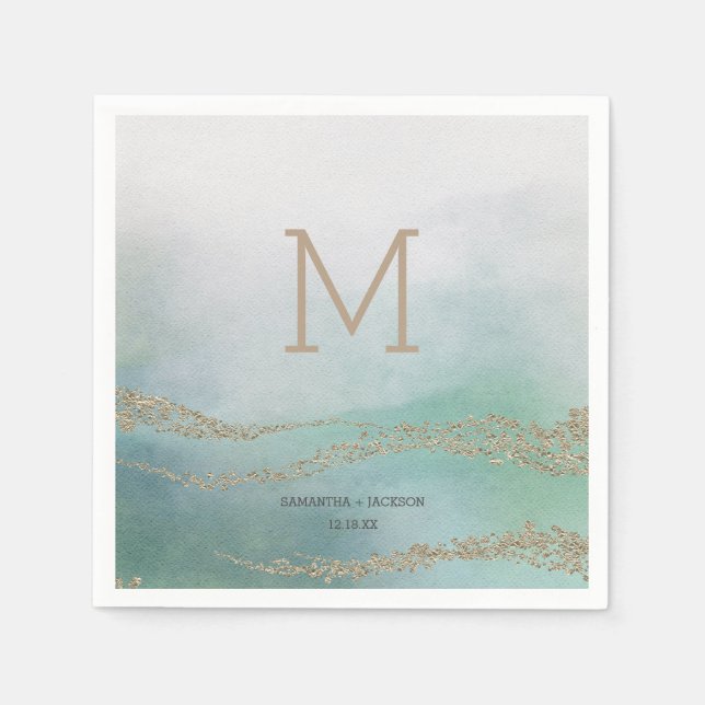 Serviette En Papier Awash Elegant Aquarelle dans Ocean Mariage Monogra (Devant)