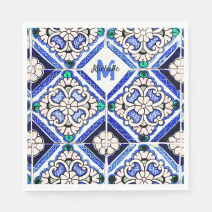 Serviette En Papier Azulejo Motif espagnol Carreaux marine Monogramme 