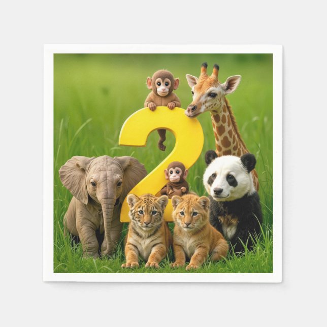 Serviette En Papier Baby African Animals With a Big Number Two (Devant)