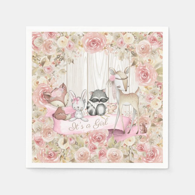 Serviette En Papier Baby Animals Girl Woodland Baby shower (Devant)