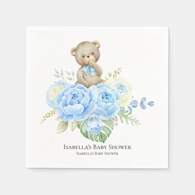 Serviette En Papier Baby Bear Boy Blue Flower | Baby shower serviettes (Devant)