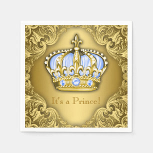 Serviette En Papier Baby Blue et Couronne Dorée Baby Shower