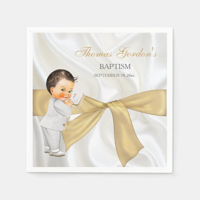 Serviette En Papier Baby Boy Baptism Christening Gold Bow (Devant)