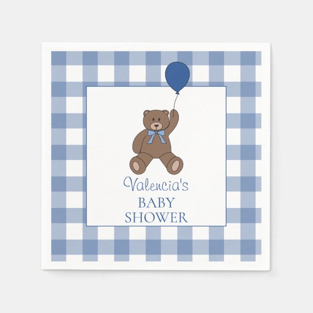 Serviette En Papier Baby Boy Blue Buffalo Check Teddy Bear Baby Shower (Devant)